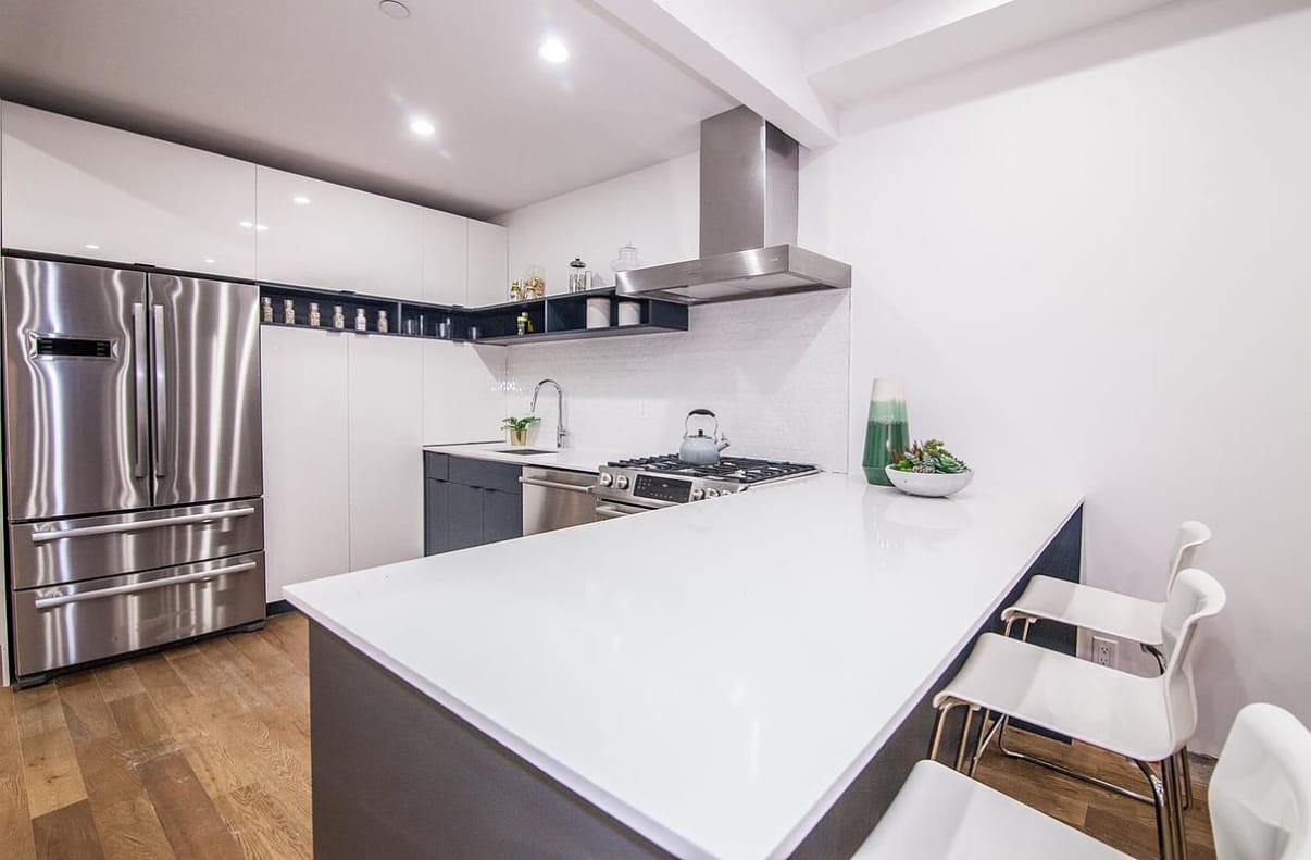 Two-tone gray-and-white contemporary kitchen — Green Cabinets NY, custom cabinetry in Astoria, Queens