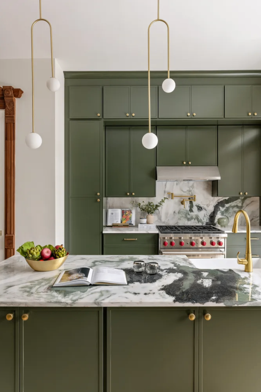 Heritage green kitchen with marble island — Green Cabinets NY, custom cabinetry in Brooklyn Heights, Brooklyn
