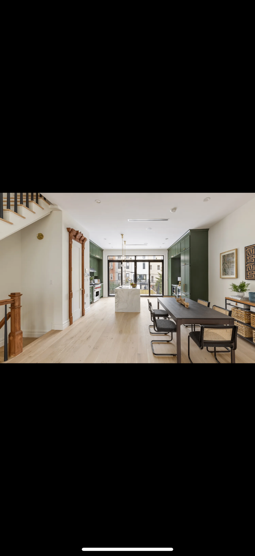 Open-concept green kitchen, brownstone renovation — Green Cabinets NY, custom cabinetry in Park Slope, Brooklyn