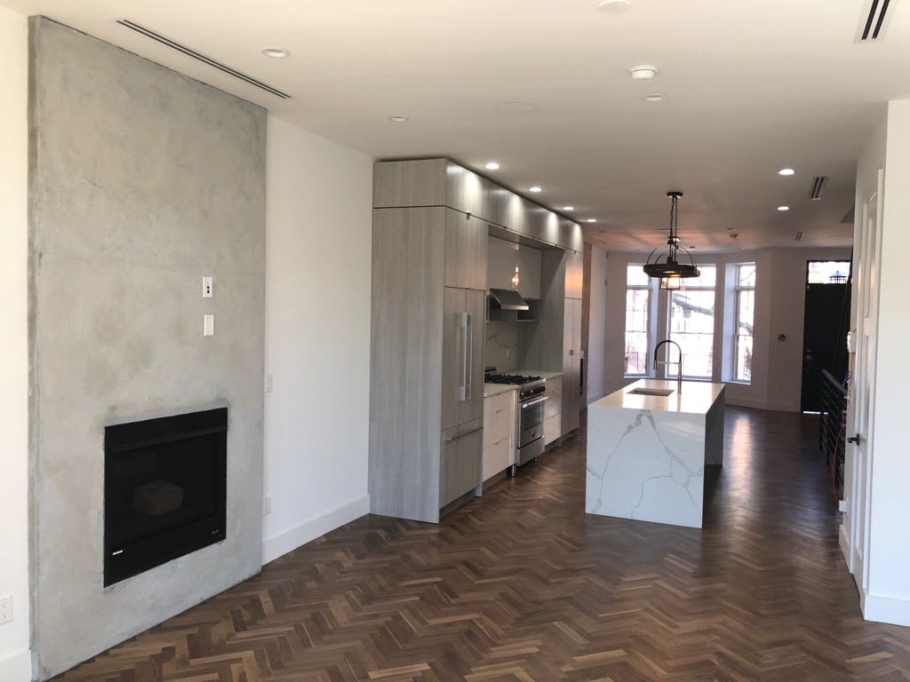 Townhouse kitchen with restored fireplace — Green Cabinets NY, custom cabinetry in Brooklyn Heights, Brooklyn