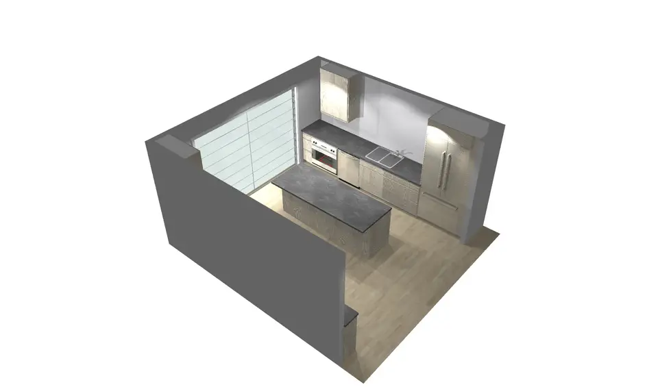 3D rendering of modern kitchen with natural wood cabinets and dark countertop - perspective view