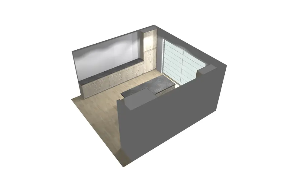 3D rendering of modern kitchen with natural wood cabinets and dark countertop - alternate angle