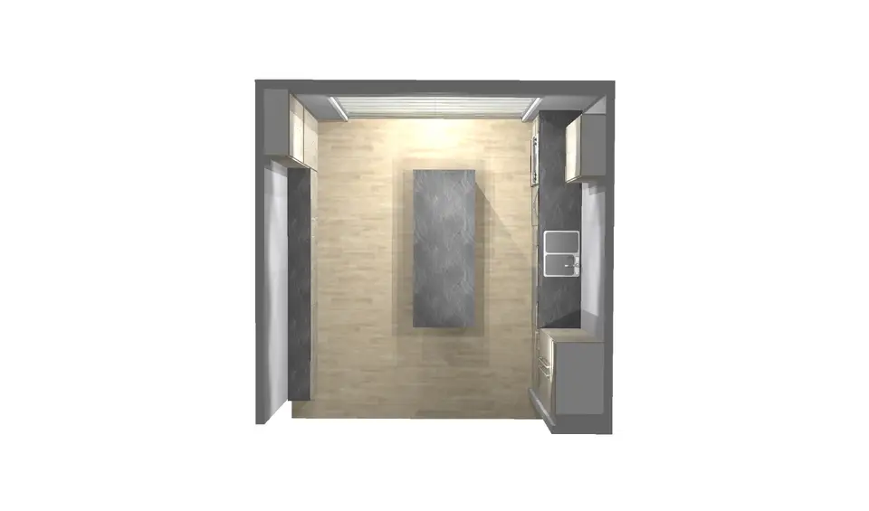 Top-down view of modern kitchen design layout with cabinetry placement