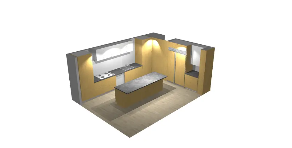 3D rendering of contemporary kitchen with wood and white cabinets and gray island countertop