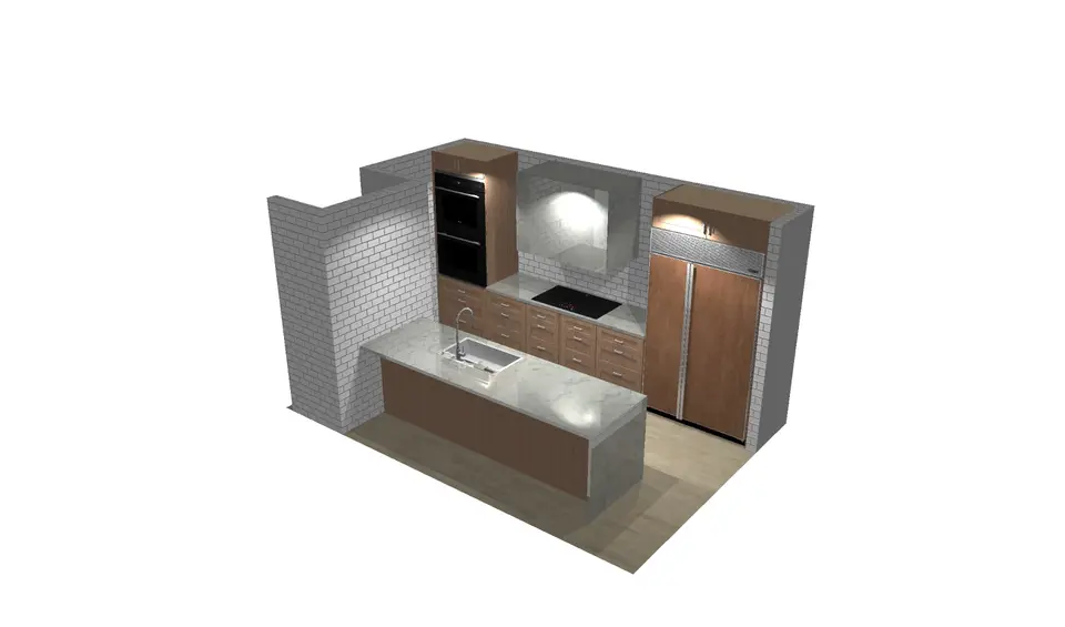 3D rendering of contemporary kitchen - alternate view showing layout and materials