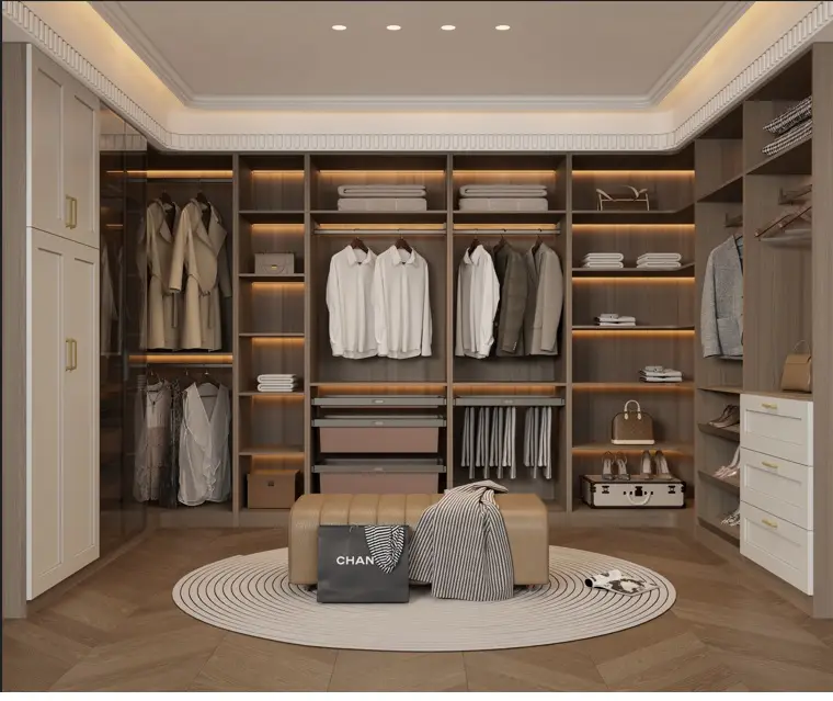 Luxury walk-in closet with integrated lighting and mixed storage