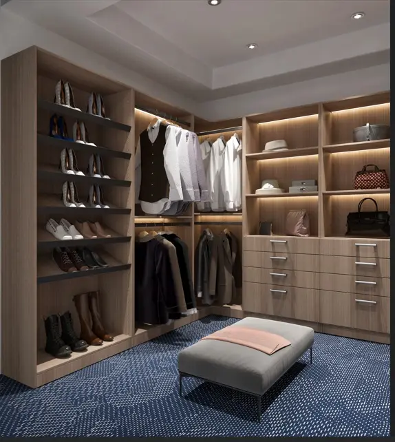 Luxury walk-in closet with wood shelving and LED accent lighting