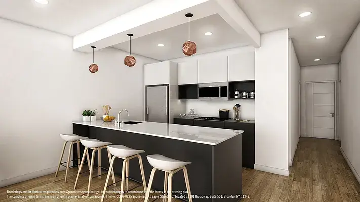 Modern white kitchen with black island and copper pendant lights
