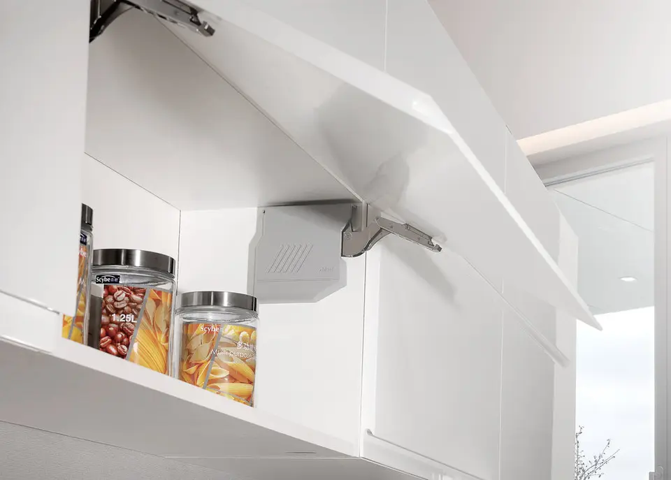 White cabinet with premium lift-up mechanism hardware